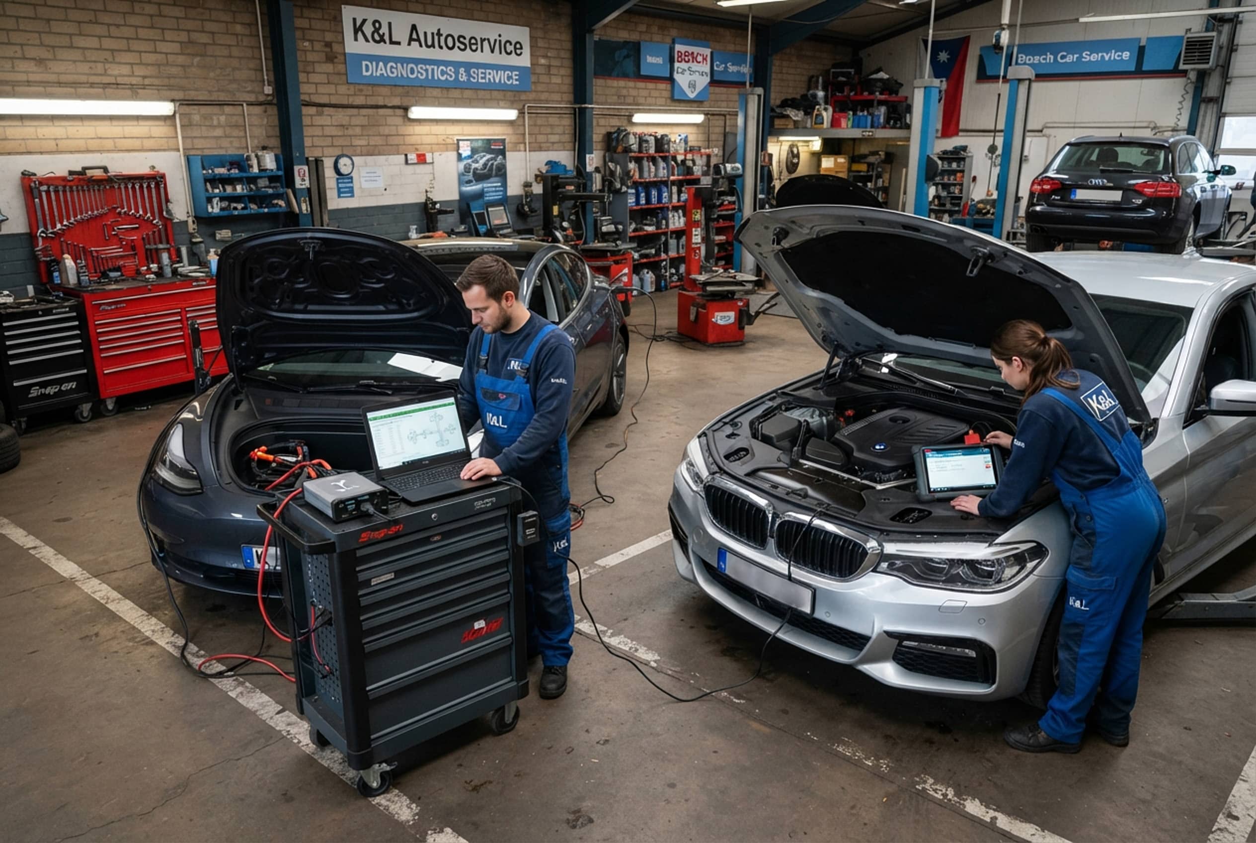 Technicians comparing Tesla and European vehicle diagnostics using laptops and scan tools in an auto repair shop