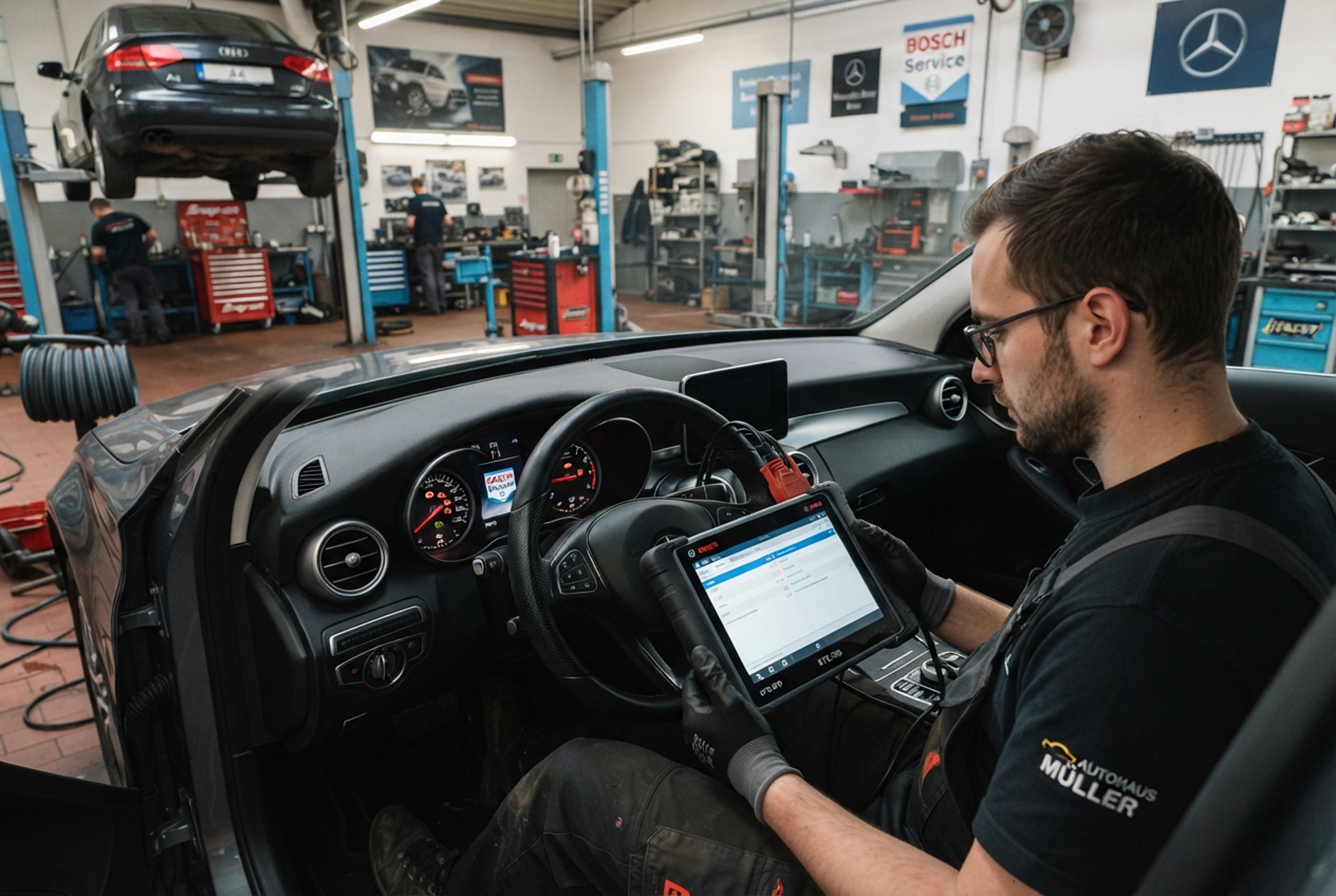 Technician diagnosing Mercedes dashboard warning lights with a professional scan tool