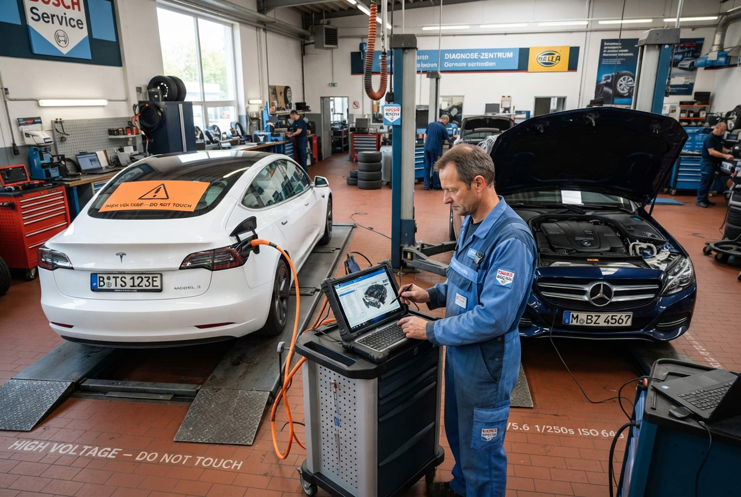 Technician comparing Tesla diagnostics with a European combustion engine using professional diagnostic equipment