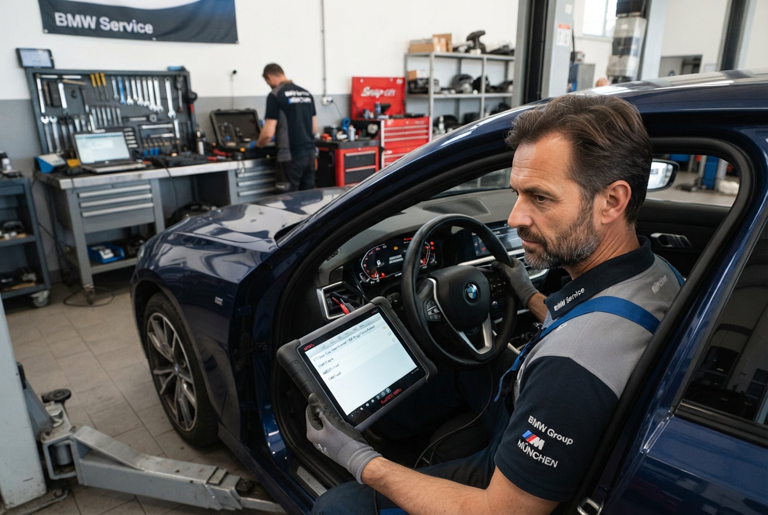 BMW technician diagnosing dashboard warning lights with a scan tool in a European auto repair shop