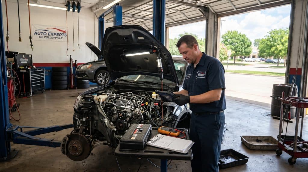 Auto mechanic in a repair shop using a diagnostic tablet and multimeter to perform complex engine and electrical diagnostics on a vehicle with its hood open and front components removed.