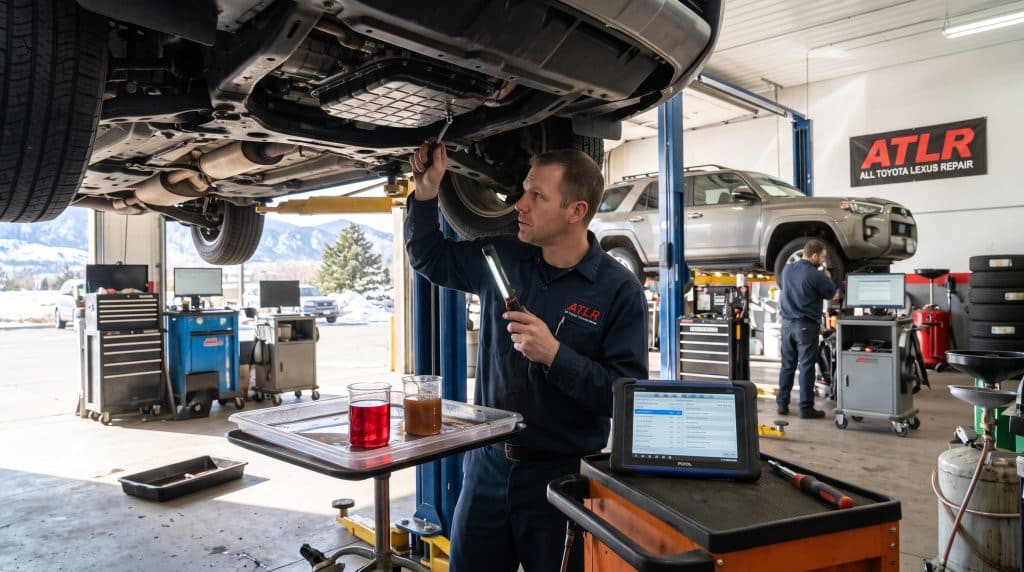 Auto mechanic standing under a lifted vehicle performing a routine tune-up and inspection, using a flashlight and wrench while checking vehicle fluids.